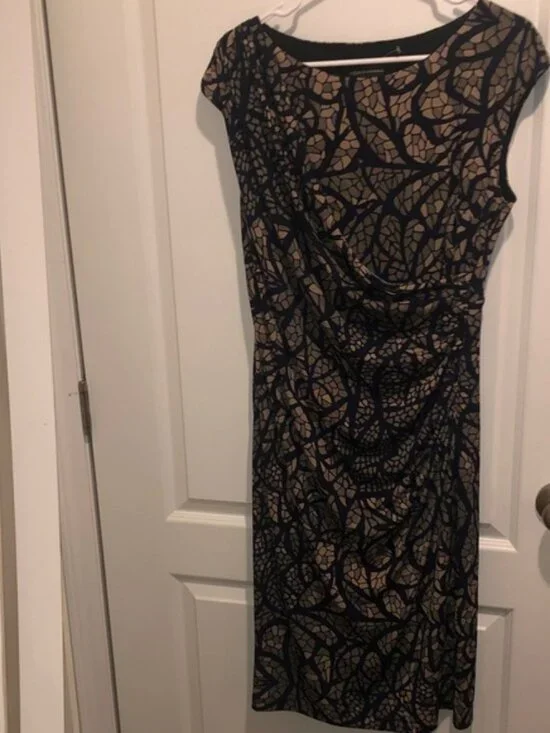 connected apparel Black and Tan Leaf-Pattern Midi Sheath Dress - Picture 1 of 7